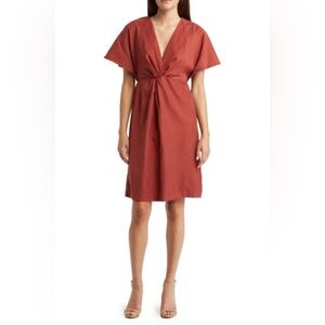 Julia Jordan Dress Women’s Flutter Sleeve Twist Front V Neck Sheath in Rust NWOT